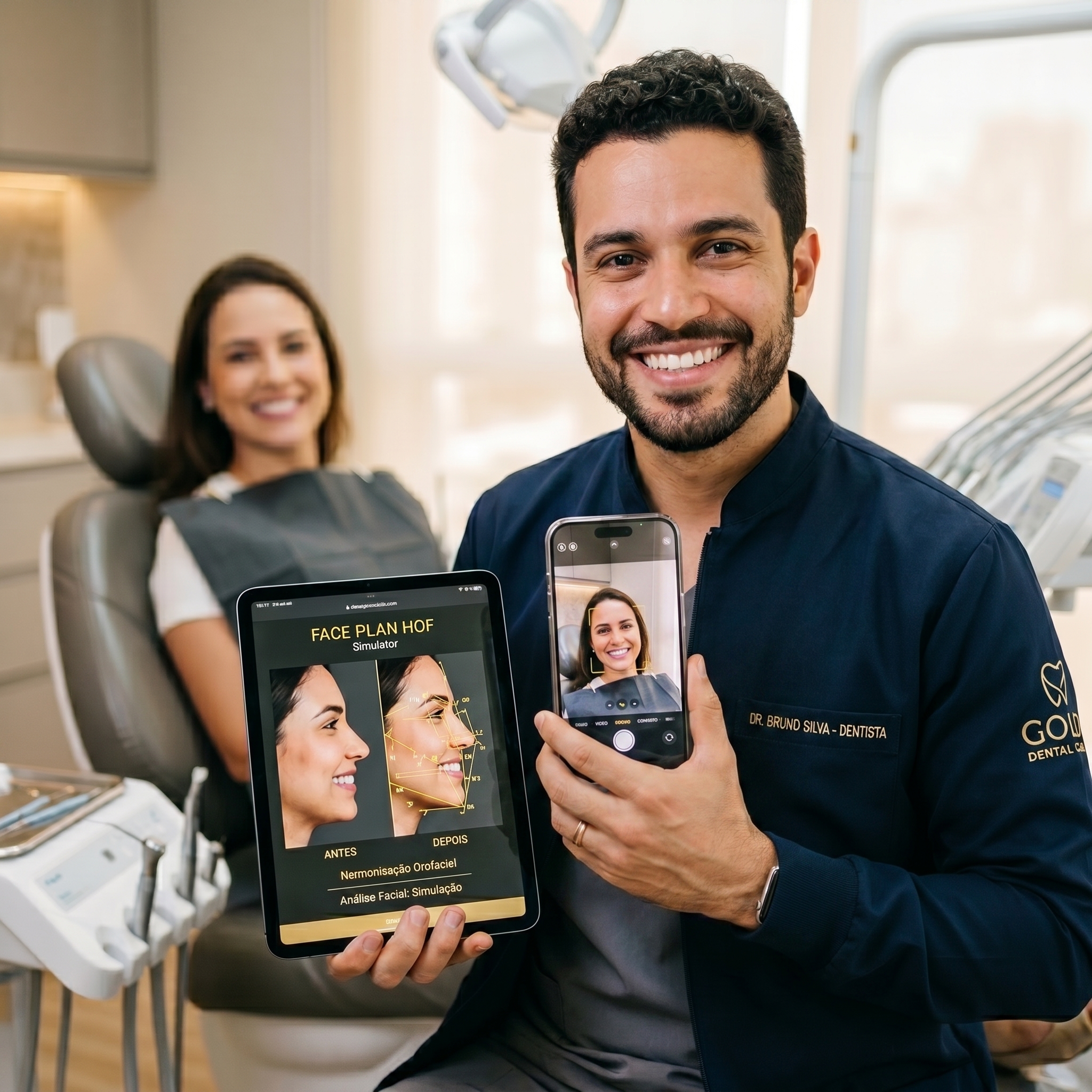 Dentista tirando foto padronizada de paciente no consultório para o simulador Face Plan