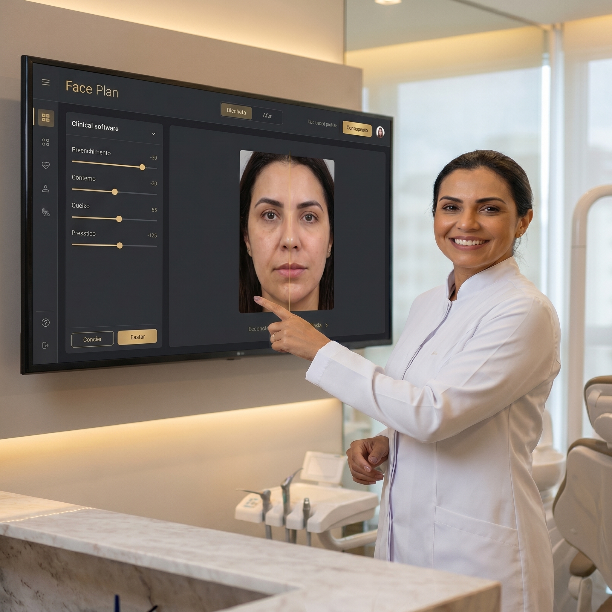 Interface 2K do simulador Face Plan mostrando o mapeamento de múltiplos pontos faciais para estruturação global