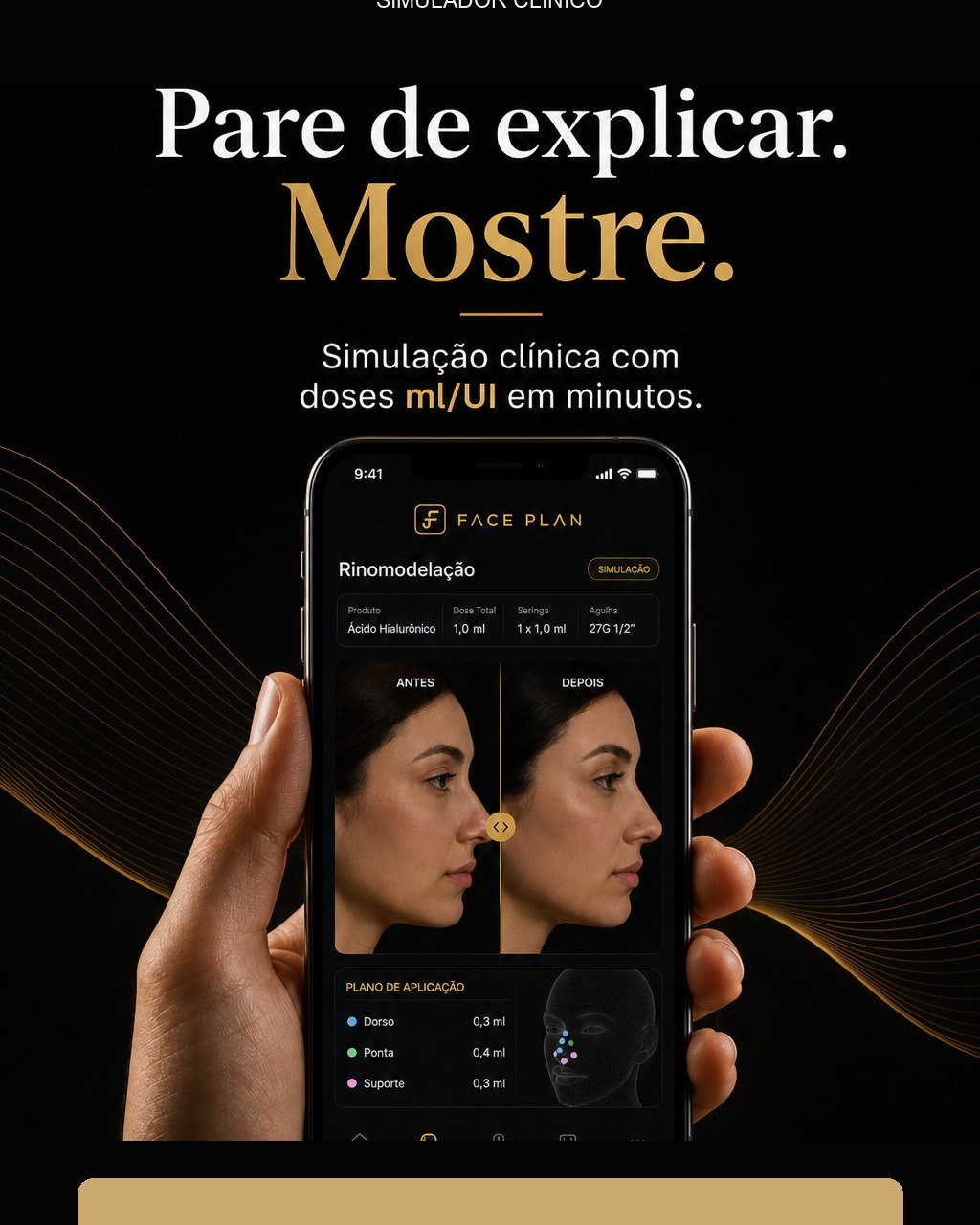 Simulação clínica com doses ml/UI apresentada no celular durante a consulta