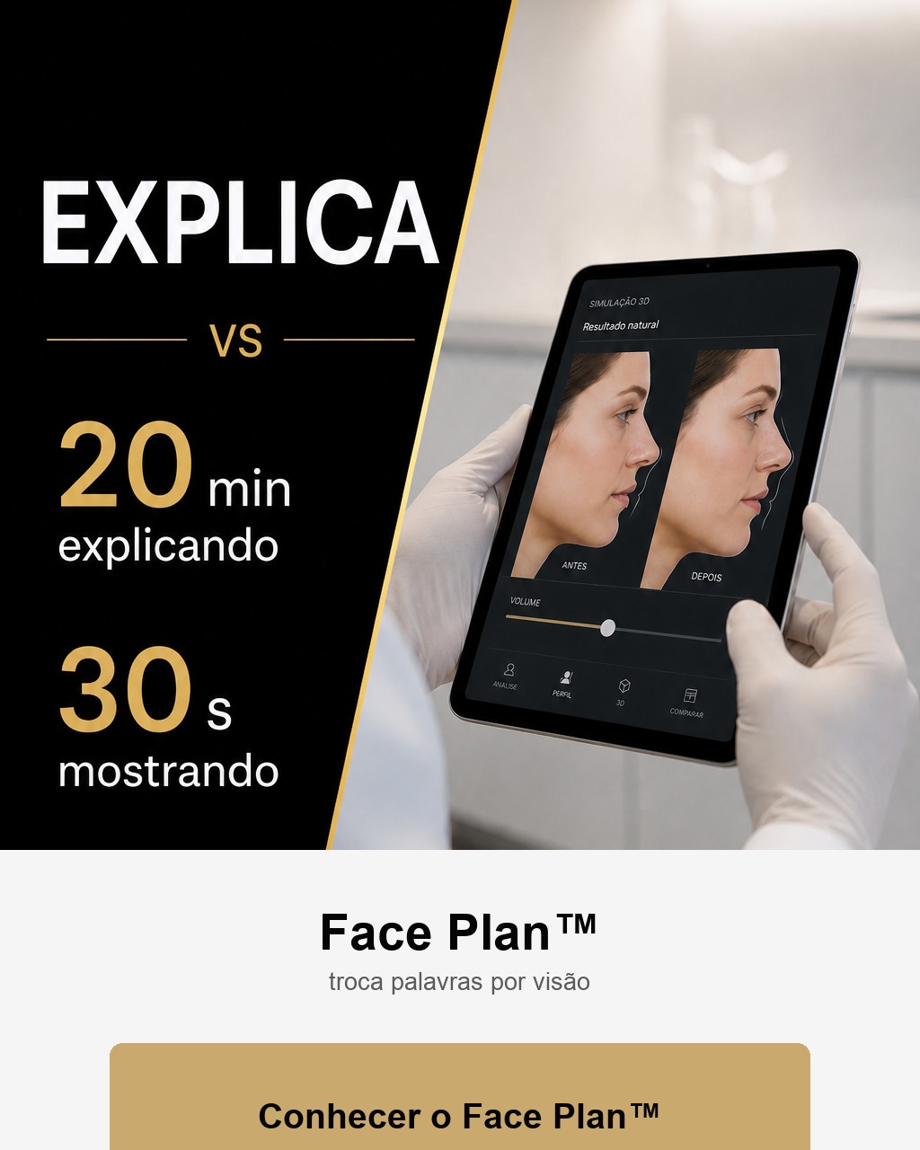 Profissional mostra simulação facial em tablet durante a consulta de harmonização