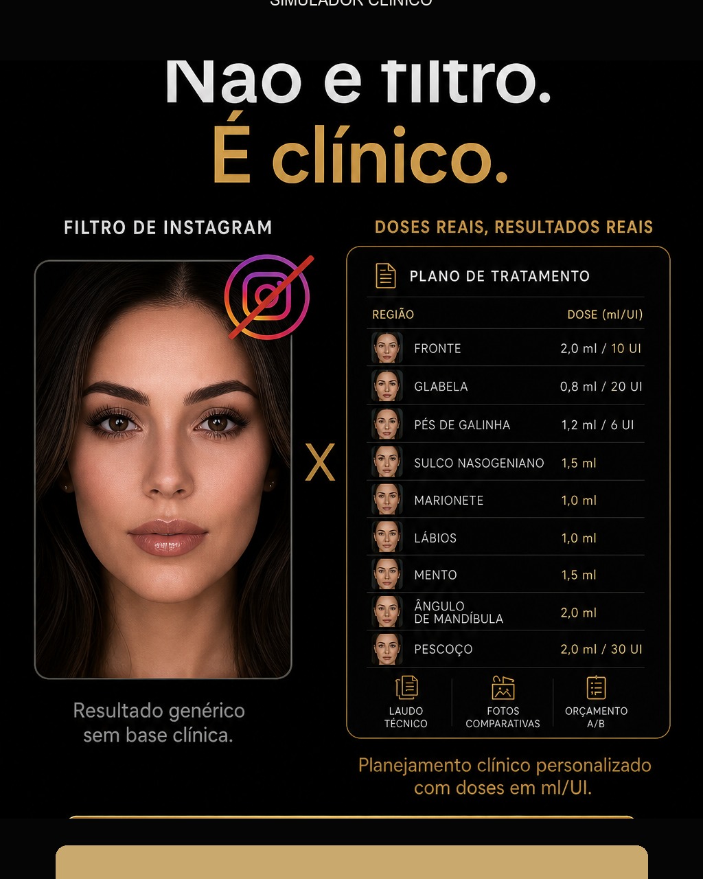 Diferença entre filtro de Instagram e planejamento clínico com doses em ml/UI