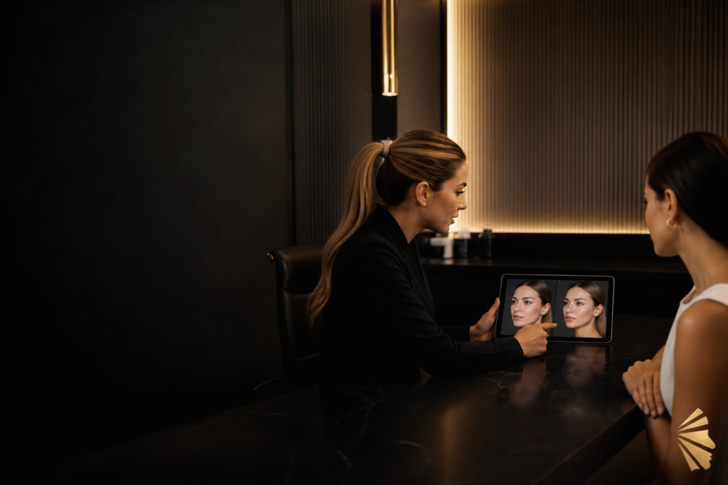 Profissional apresenta comparação visual em tablet durante consulta de harmonização facial