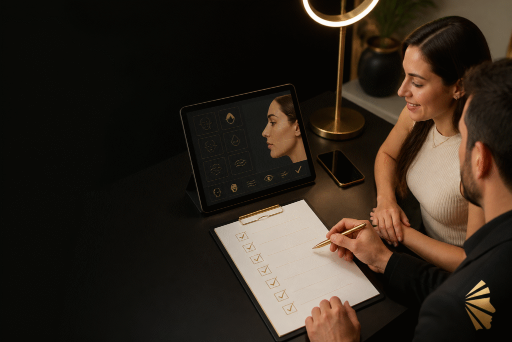 Checklist de atendimento ao lado de tablet com planejamento facial em consultório