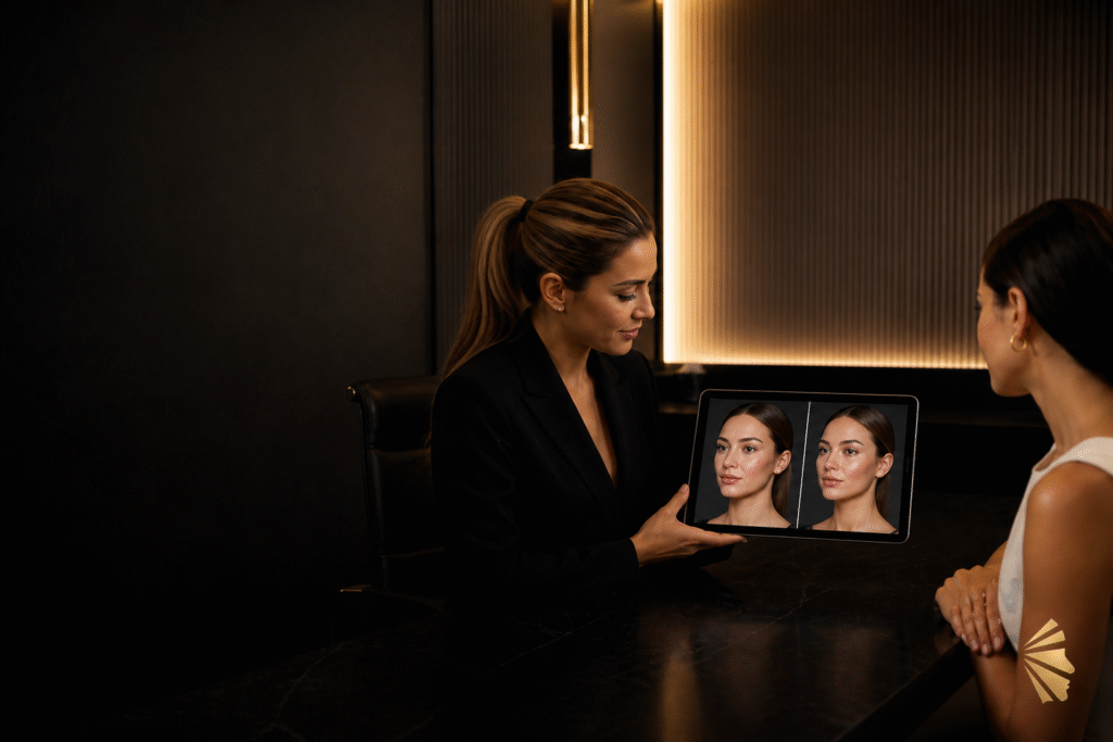 Profissional apresenta simulação facial em tablet durante consulta de harmonização
