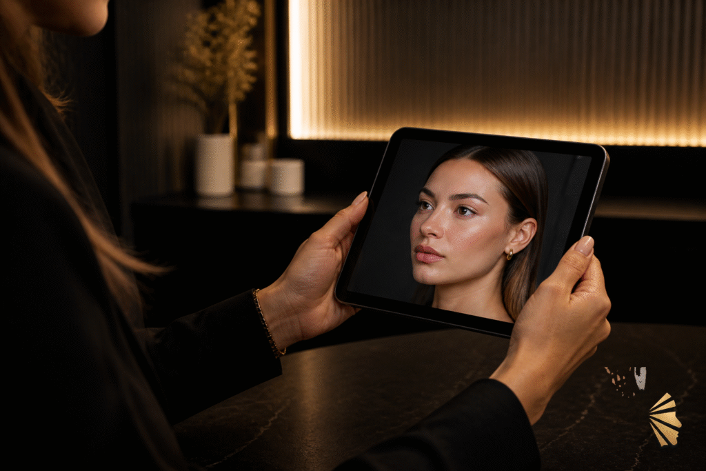 Mãos de profissional seguram tablet com fotografia facial em consultório