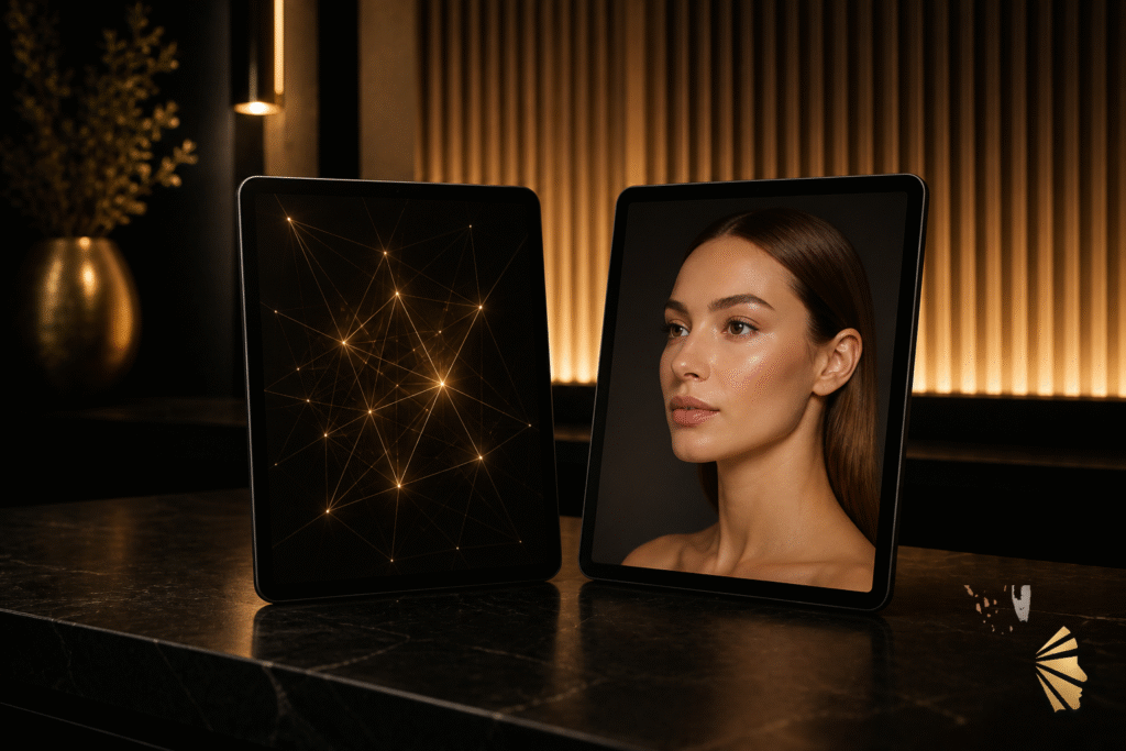 Dois tablets lado a lado em mesa de mármore preto em consultório