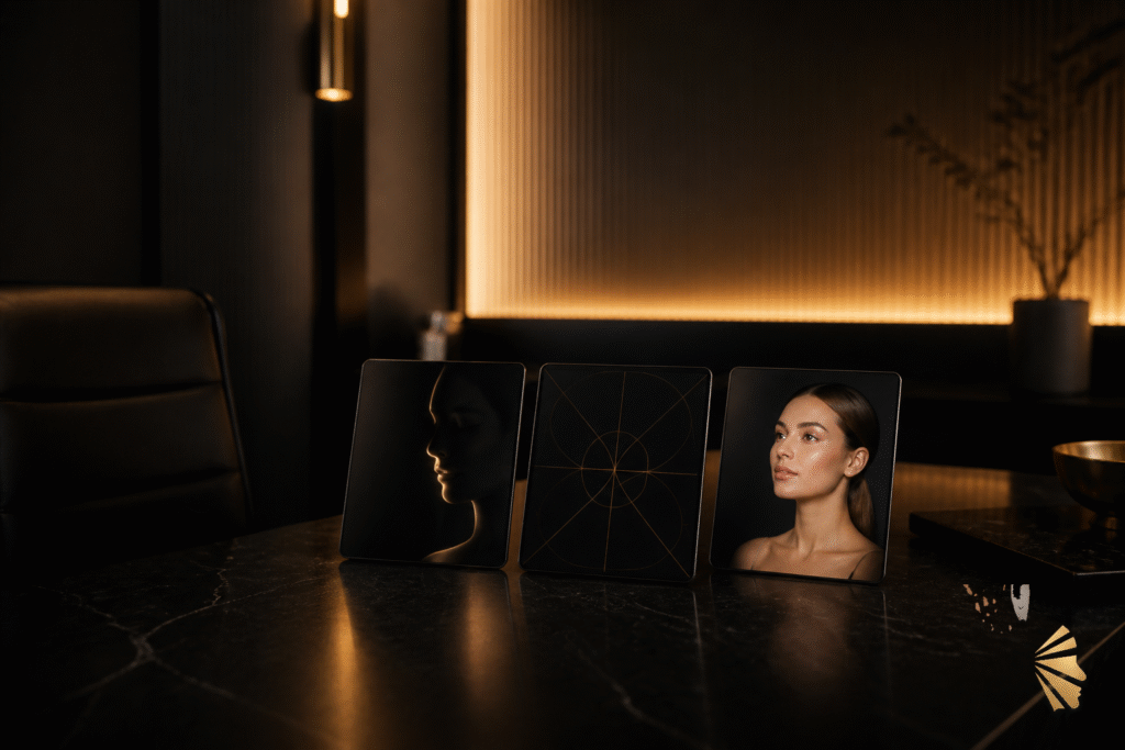 Três dispositivos alinhados sobre mesa de consultório com imagens faciais