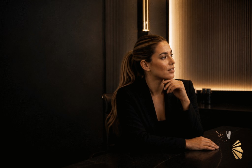Mulher em ambiente elegante iluminado por luz dourada, olhar pensativo