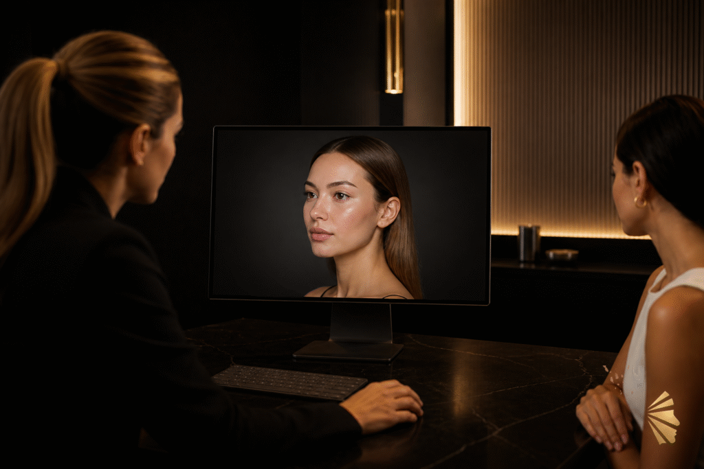 Monitor de desktop em consultório escuro exibindo fotografia facial