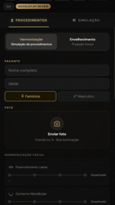Tela do Face Plan™ com cadastro do paciente e procedimentos de harmonização facial na consulta