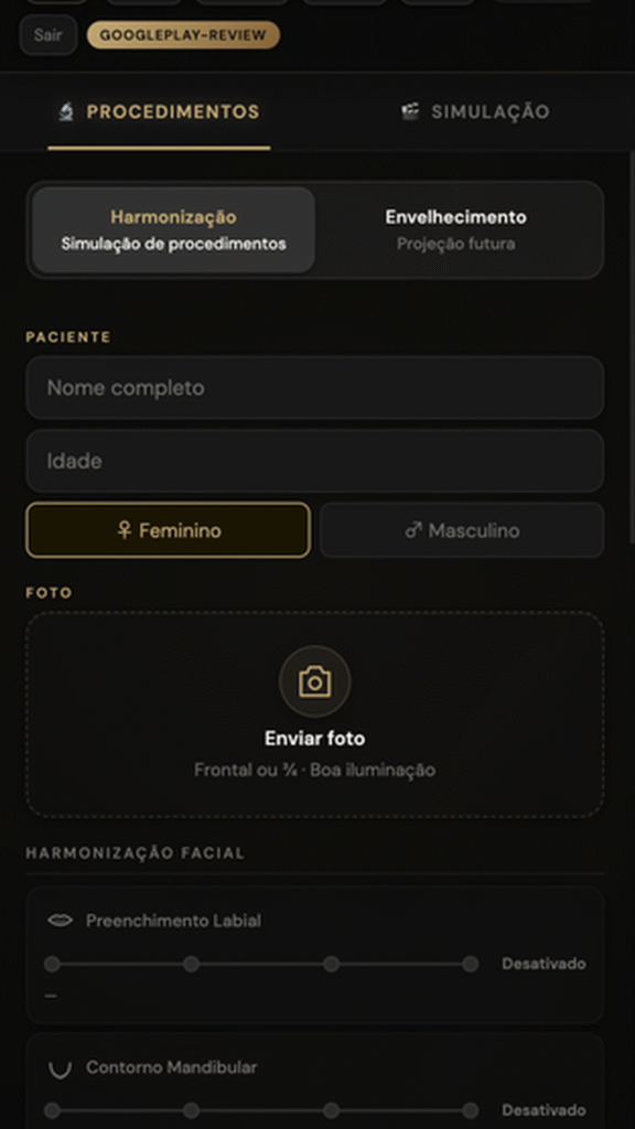 Tela do Face Plan™ com cadastro do paciente e procedimentos de harmonização facial na consulta